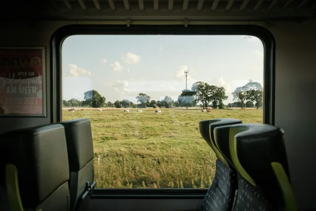 歐洲列車車窗視角，窗外是德國牧牛草原實拍