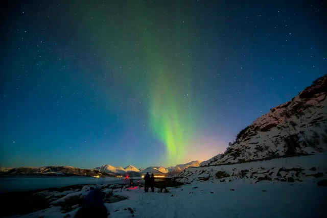 極光下的雪地海岸實拍，人影靜靜眺望北歐夜空
